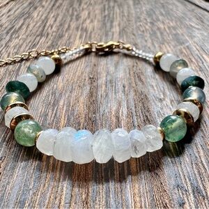 Green Moss Agate & Moonstone Bracelet Gold Stainless Steel Spacers Adjustable